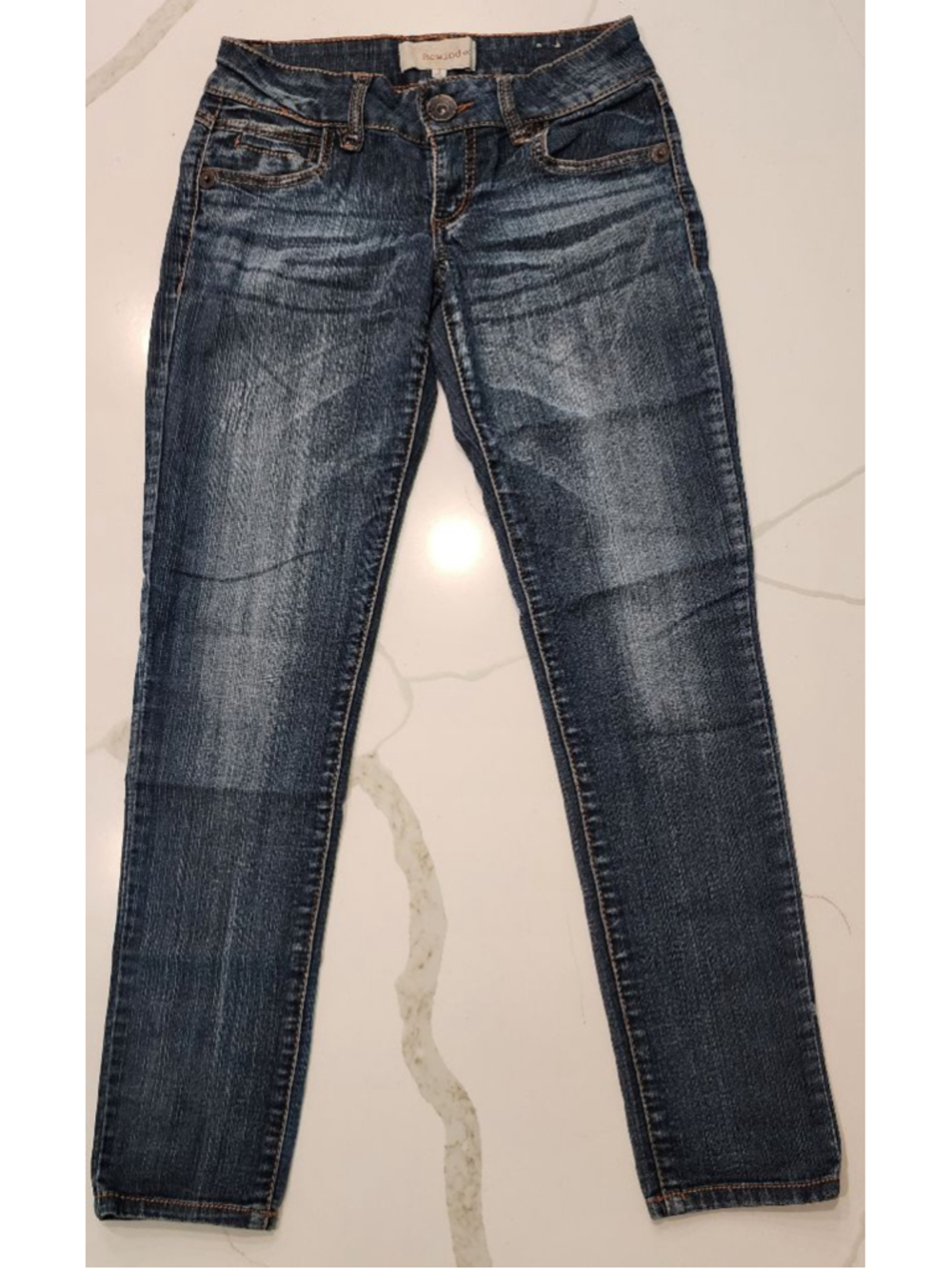 Rewind Y2K Size 3 Blue Jeans Embroidered Back Pockets Orange Stitch Low Rise